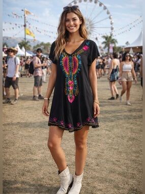 Exist NWT Black Embroidered Boho Dress with Bright Floral Accents with Free Size